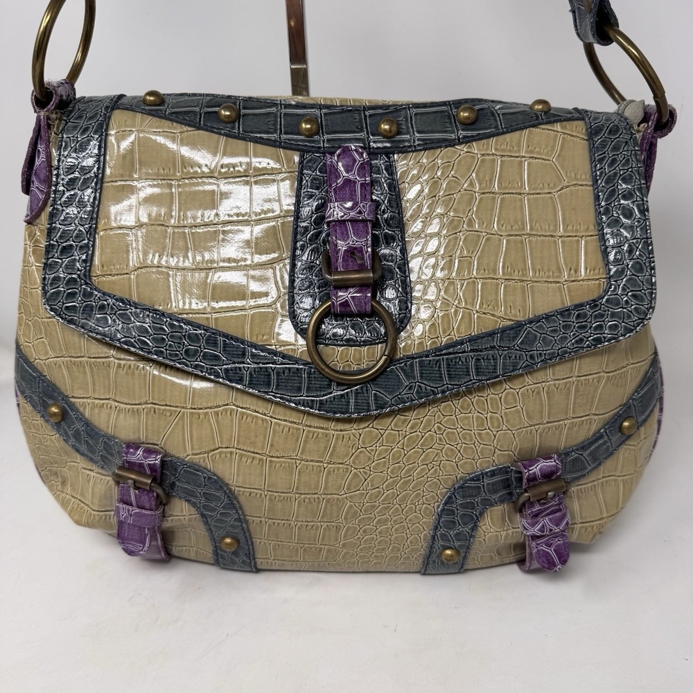 Handbag Green And Purple Faux Crocodile Pattern Shoulder Bag Snap Close - Picture 11 of 11